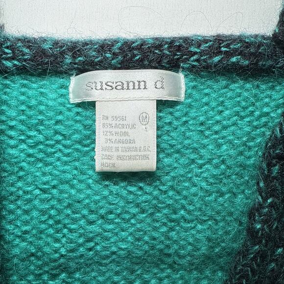 Vtg Susann D Sweater M Teal Ivory Geo Abstract Chunky Knit Wool Angora Blend EUC - Picture 2 of 13